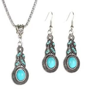 Vintage Turquoise Drop Necklace & Earrings Set | Silver Tone Alloy